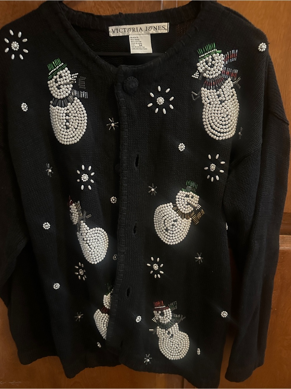 Victoria Jones Black Beaded Snowman Christmas Cardigan Sweater